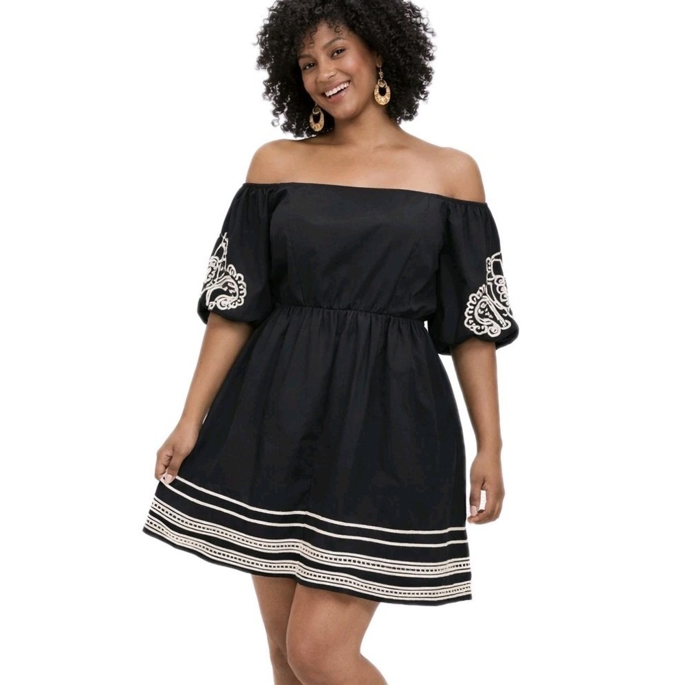 SHE + SKY Size Medium‎ Black Off Shoulder Soutache Embroidered Puffed Slv Dress
